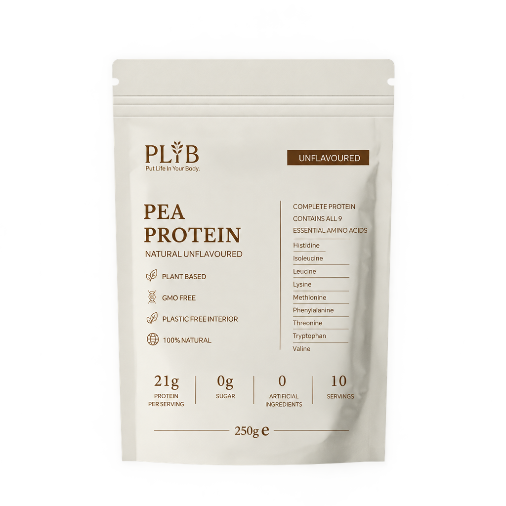PLYB Natural Unflavoured Pea Protein Isolate 250g pouch, front with transparent background