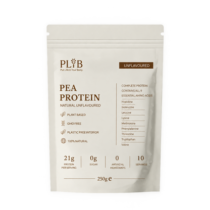 PLYB Natural Unflavoured Pea Protein Isolate 250g pouch, front with transparent background