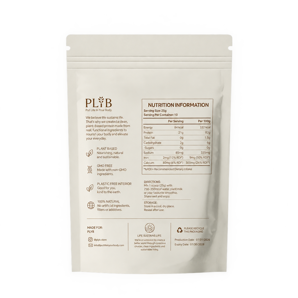 PLYB Natural Unflavoured Pea Protein Isolate pouch, back with transparent background